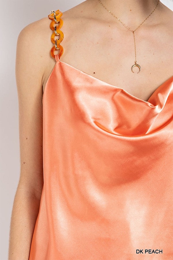 Cowl neck satin camisole with chain strap