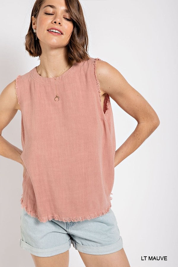 Sleeveless back button closure frayed top