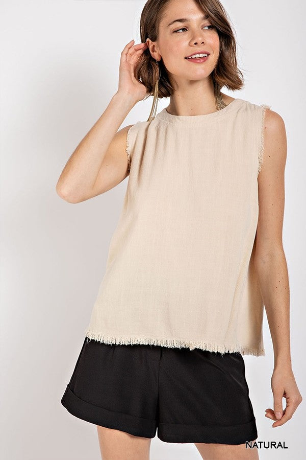 Sleeveless back button closure frayed top