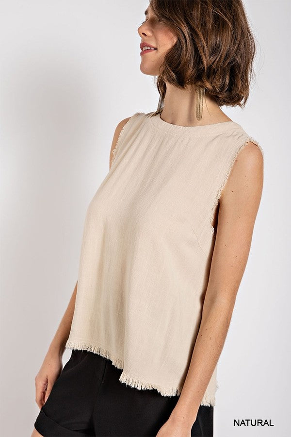 Sleeveless back button closure frayed top