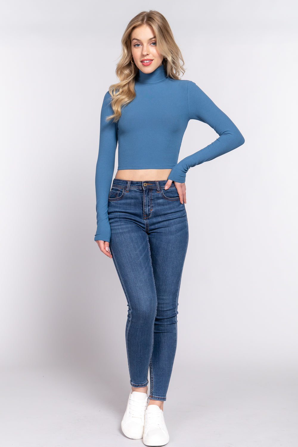 Long Slv Turtle Neck Rib Crop Knit Top