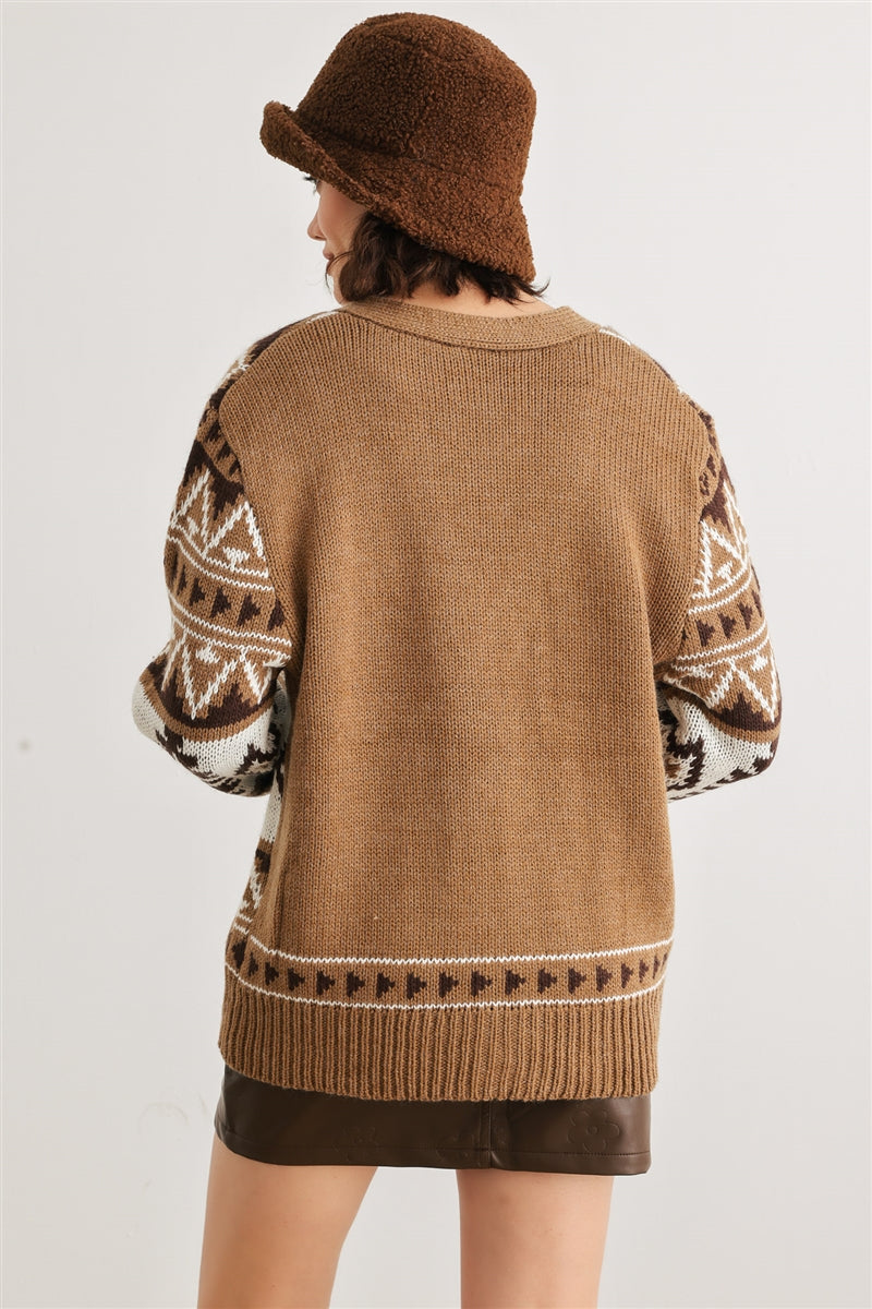 Fair Isle Knit Button-up Long Sleeve Cardigan Sweater