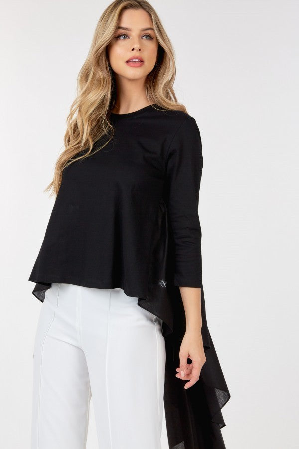 Contrast Ruffle Quarter Sleeve High Low Top